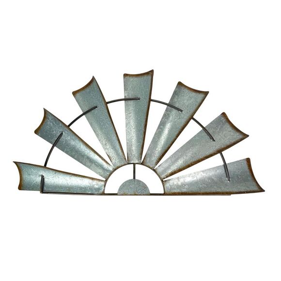 Distressed Rustic Galvanized Metal Half Moon Windmill Wall Art Sculpture